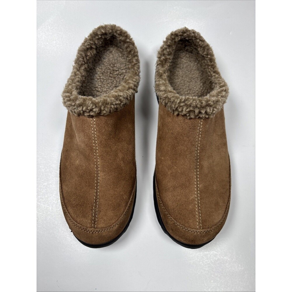 Lands’ End Women’s Shearling Lined Suede Clog Slippers Brown size 10 B